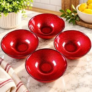 Akcam Bowls Red Glitter Glass Cereal Soup Set of 4 Turkish Glass 5.75”